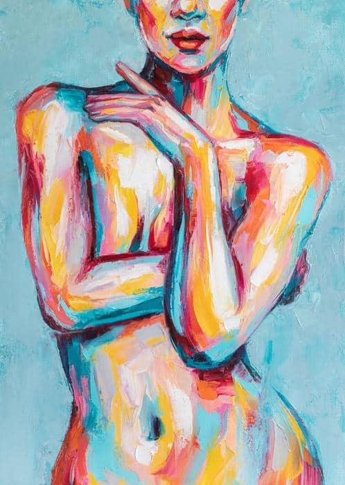 Obraz Na Płótnie Oil Portrait Painting In Multicolored Tones. Abstract Picture Of A Beautiful Girl. Conceptual Closeup Of An Oil Painting And Palette Knife On Canvas.